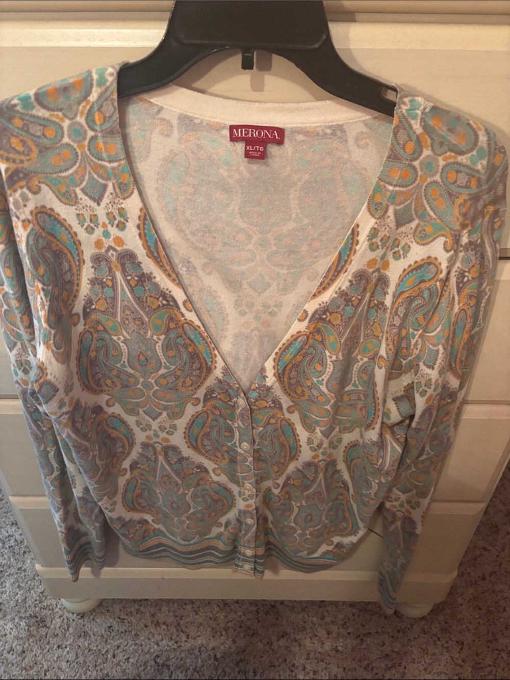 Merona Paisley V-Neck Button Cardigan in Cream, Teal & Gold Accents
